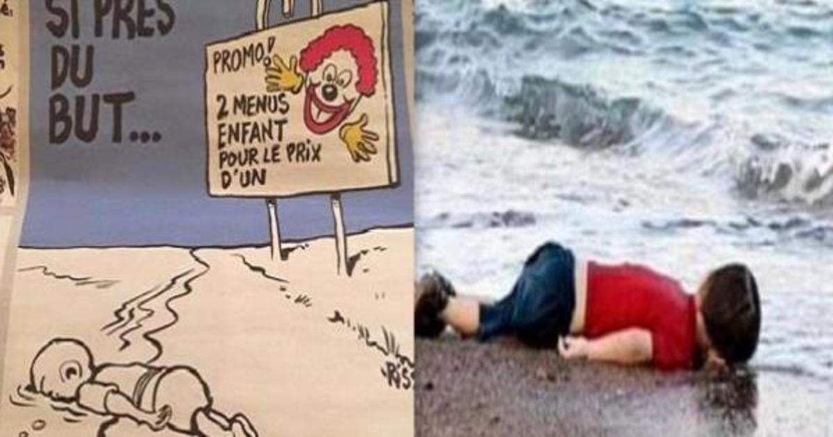 Charlie Hebdo вышел с карикатурами на погибшего сирийского мальчика.