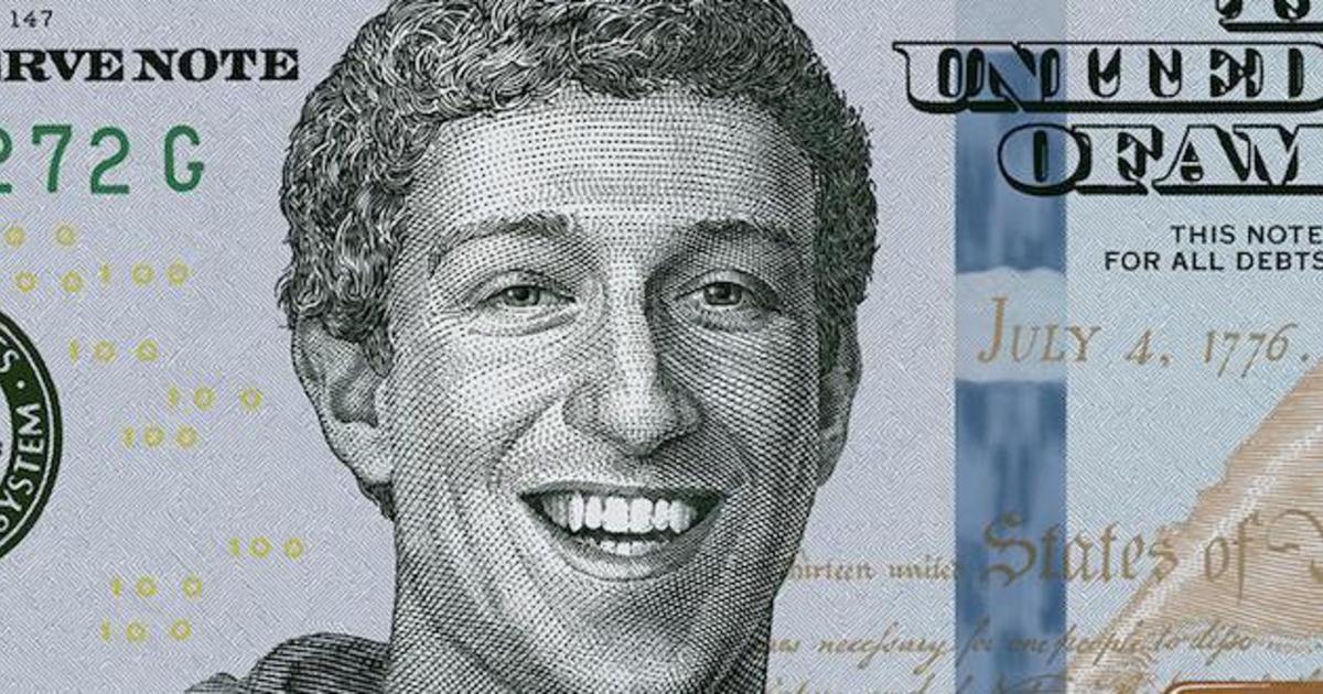 Современные миллиардеры украсили денежные банкноты в рекламе банка.