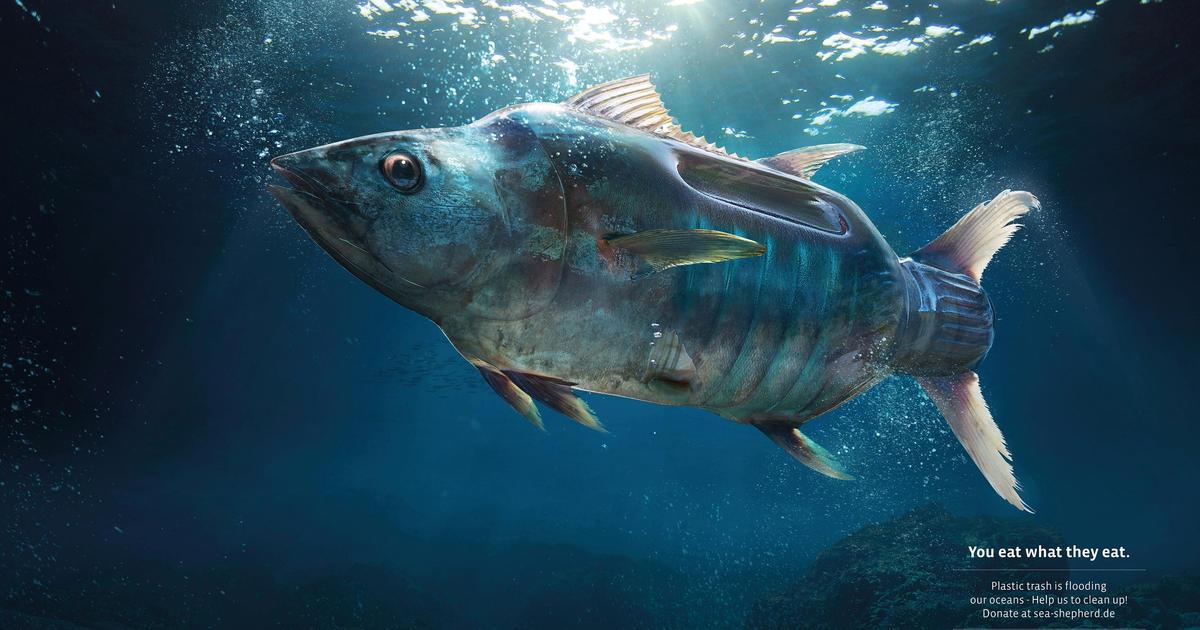 В рекламных принтах изобразили рыб в форме пластиковых бутылок.