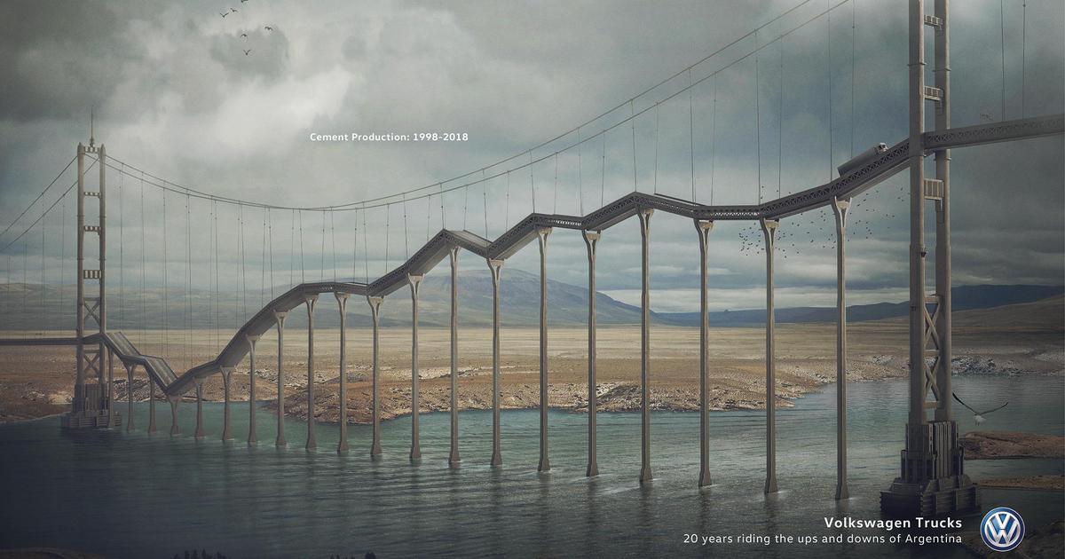 В рекламных принтах Volkswagen превратил мосты в экономические графики
