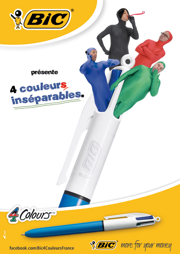 Производитель ручек BIC запускает рекламную кампанию 4 Colours, которая рекламирует новую ручку с четырьмя разноцветными стержнями.