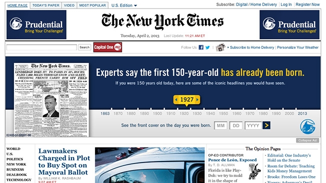 he New York Times запустила необычную рекламу на стартовой странице для компании по страхованию жизни Prudential