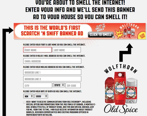 Old Spice продвигает линию продуктов Wolfthorn с помощью новой кампании с баннерной рекламой, которую нужно потереть и понюхать