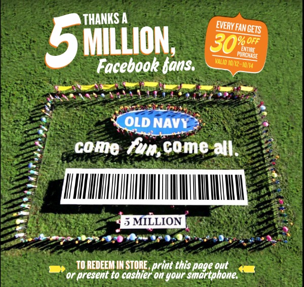 Old Navy устроил праздник в честь своего 5 миллионного фаната на Facebook, создав необычный купон с 30% скидкой