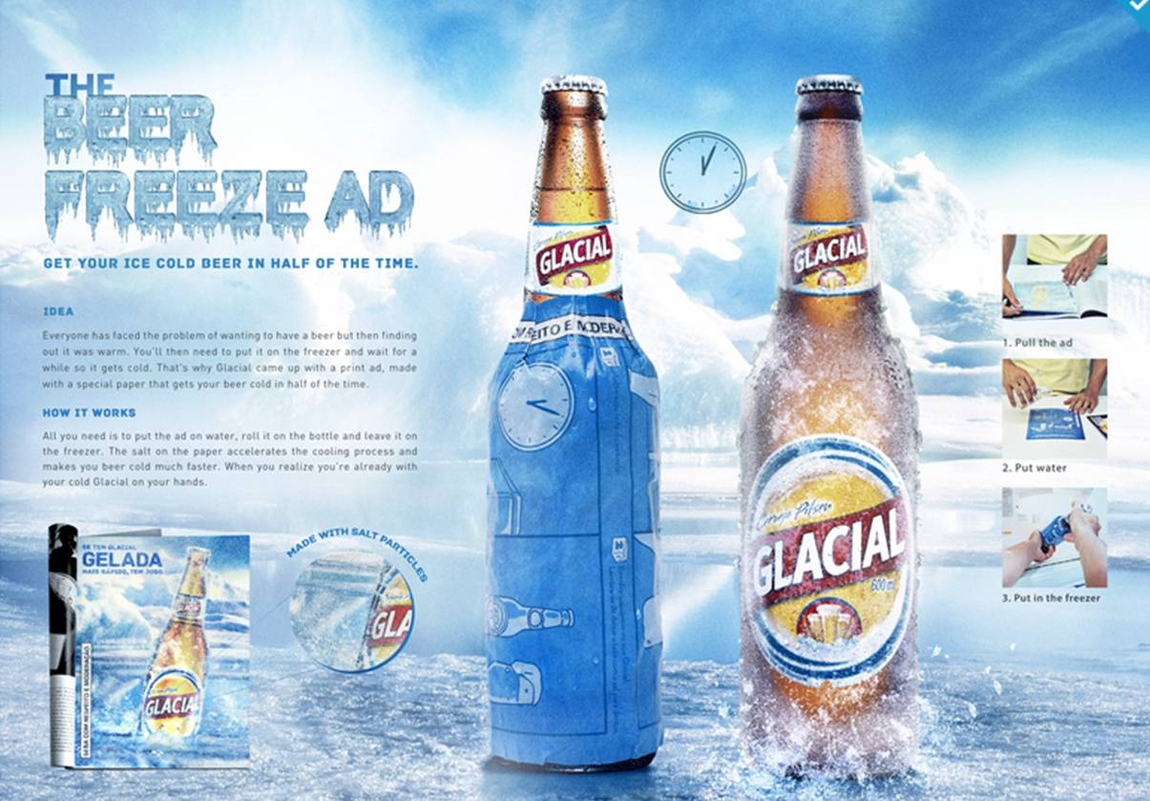 Ogilvy Brazil создало полезную печатную рекламу для пива Glacial, которая помогает быстро охладить пиво.
