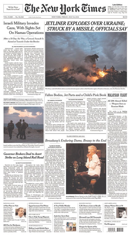 Главные страницы сегодняшних мировых изданий посвящены теме Украины и событиям, которые ухудшились ввиду сбитого пассажирского самолета